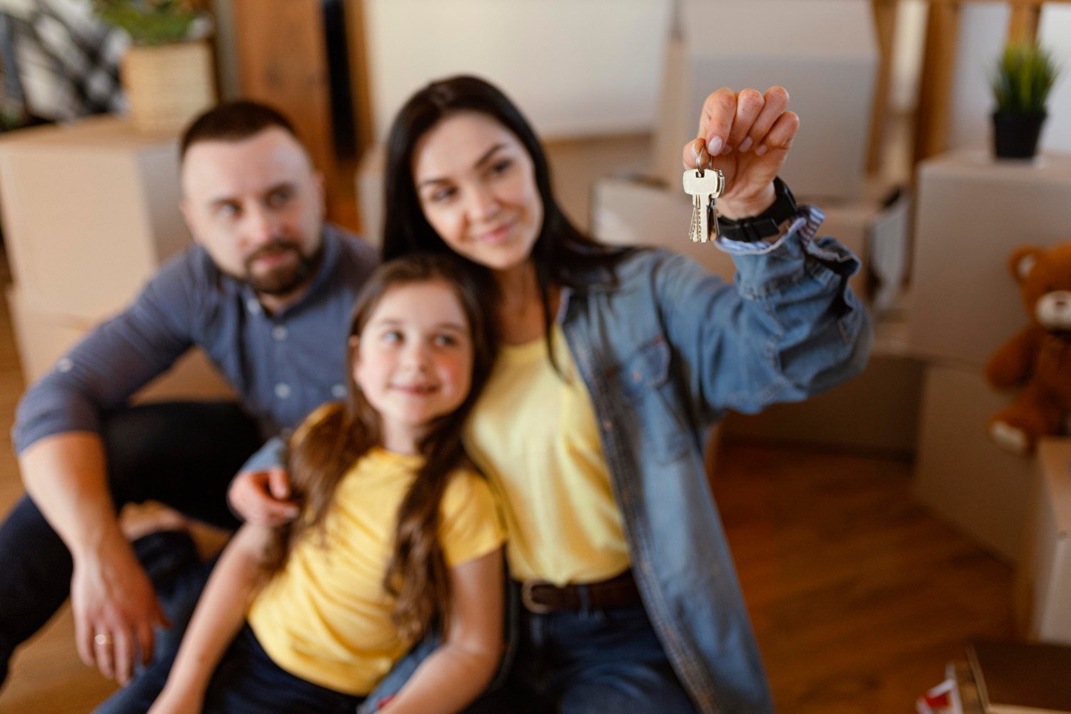 Família recebendo as chaves em frente à casa nova